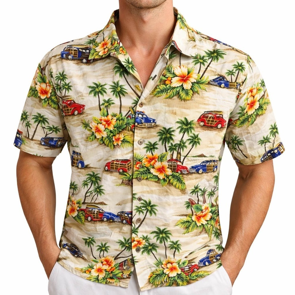 Aloha Republic Hawaiian Aloha Shirt 2XL Woody Cars Surfboards Palms Flowers‎